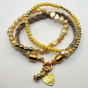 Armbandset met leer/goud/zoetwaterparels